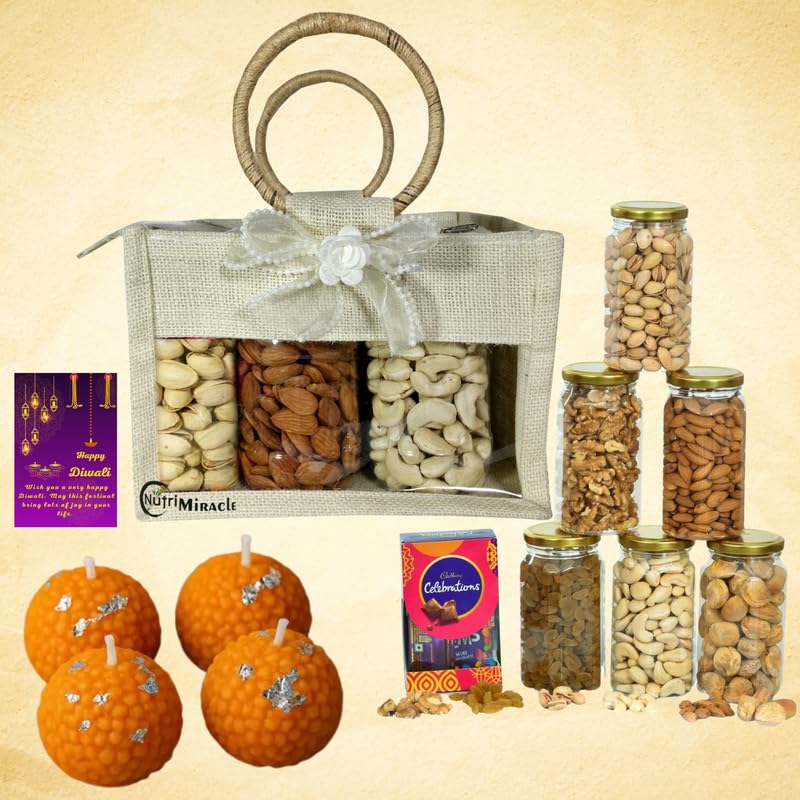 Image of NUTRI MIRACLE Diwali Gift Hamper with Dry Fruits Chocolates Nuts Laddu Candles for Employees