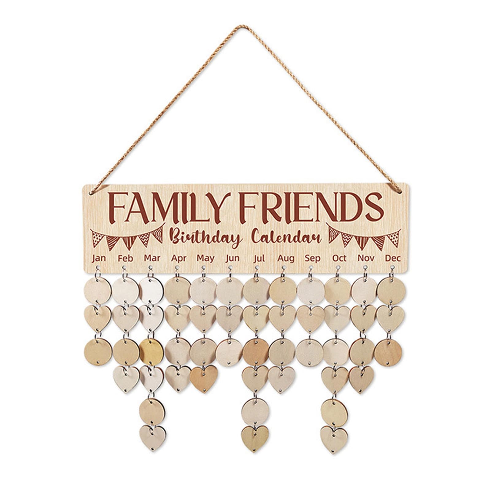 anwhriet Family Birthday Reminder Calendar Board – Wooden Wall Hanging Plaque, Personalised Date Tracker with 50 Heart & Flower Tags, Rustic Home Décor Gift for Mum, Grandma & Friends J