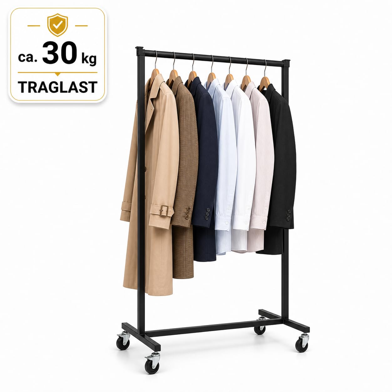 GERSO Kleiderständer auf Rollen Schwarz 90 cm, mobiler Garderobenständer aus Metall, Kleiderwagen für Boutique, Einzelhandel, Schlafzimmer & Showroom