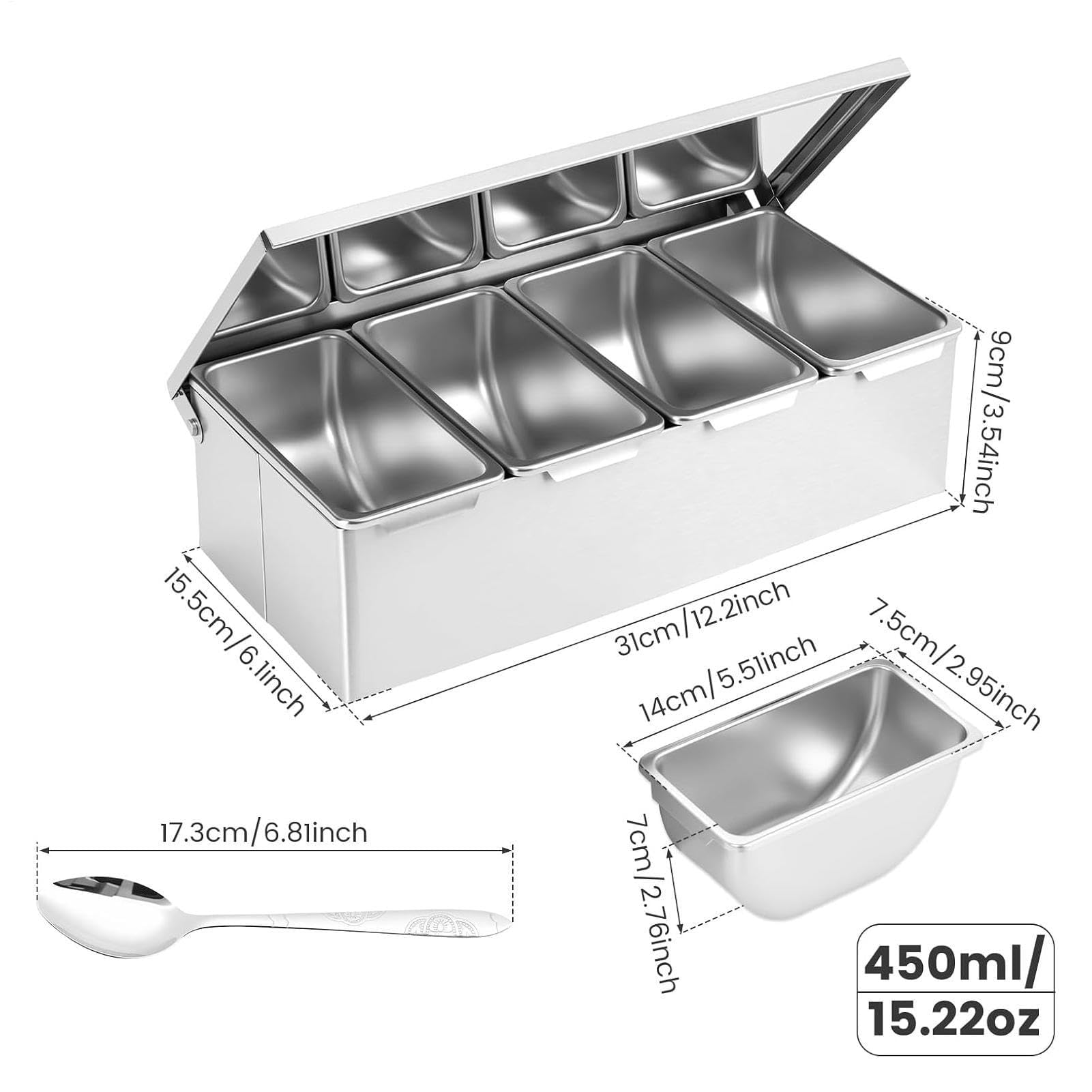 Dispenser per condimenti in acciaio inox con cucchiaio, scatola per condimenti per conservare lo zucchero, ideale per chef, appassionati di cucina, sale da pranzo, armadi e dispense