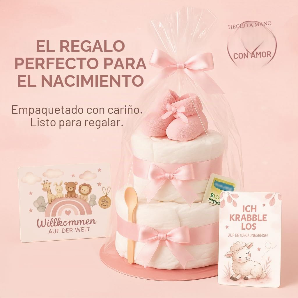 Tarta de pañales para niña de 2 pisos en color rosa con calcetines para bebé, regalos de nacimiento para la madre, bautizo o fiesta de bebé – Idea de regalo con pañales recién nacidos – Incluye