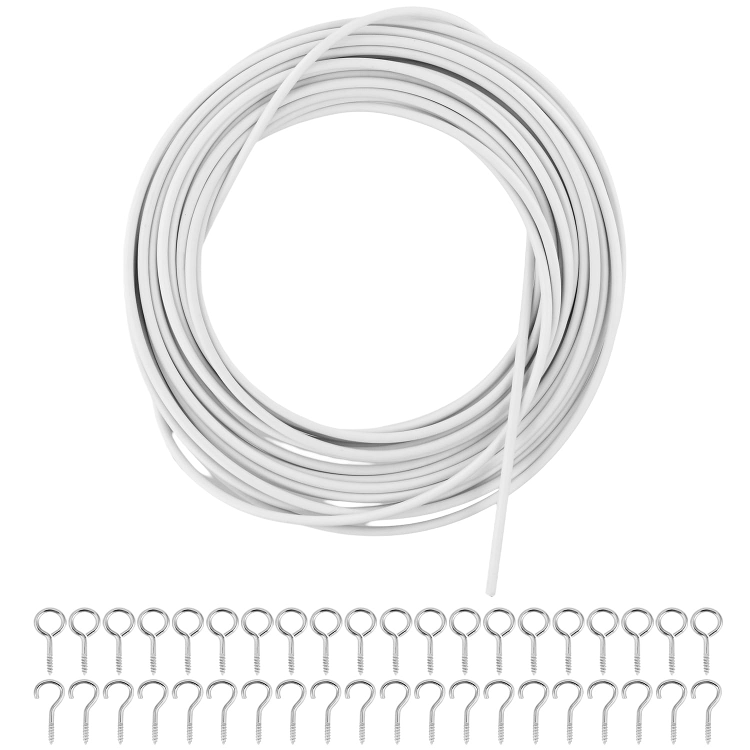 QWORK® 10m Cable pour Rideaux, Blanc Fil De Rideau, Corde À Rideau Plastifiée, avec 20 Pièces Oeillets À Vis Et 20 Pièces De Crochets
