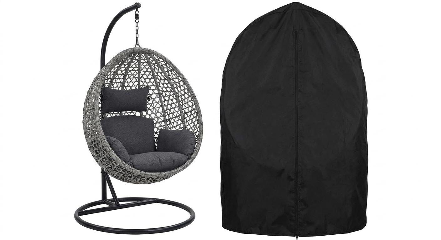 Silla Colgante Plegable Con Soporte, Sillón Colgante Tipo Huevo Con Cojines Impermeables y Reposacabezas Ajustable, Estructura De Acero Resistente Hasta 150 kg, Para Jardín, Balcón, Terraza e Interior