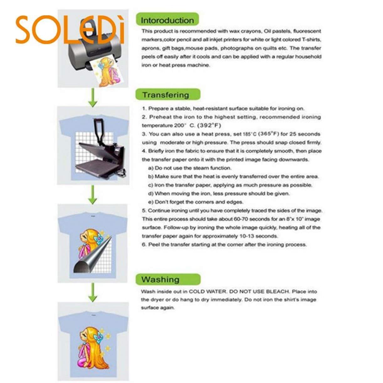ZHONGJIUYUAN 50 unids A4 papel de transferencia de calor para impresoras de inyección de tinta Color de la luz Tela de papel de la tela de la camiseta Transferencias Fotos Calidad Impres