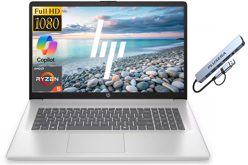 HP 17.3" FHD Business Laptop Computer, 64GB RAM 2TB SSD, 6-core AMD Ryzen 5 Processor, Windows 11 Laptop, Copilot AI Ready, Numeric Keypad, PLUSERA 8-in-1 Hub Included, Natural Silver 64GB RAM | 2TB SSD AMD Ryzen 5