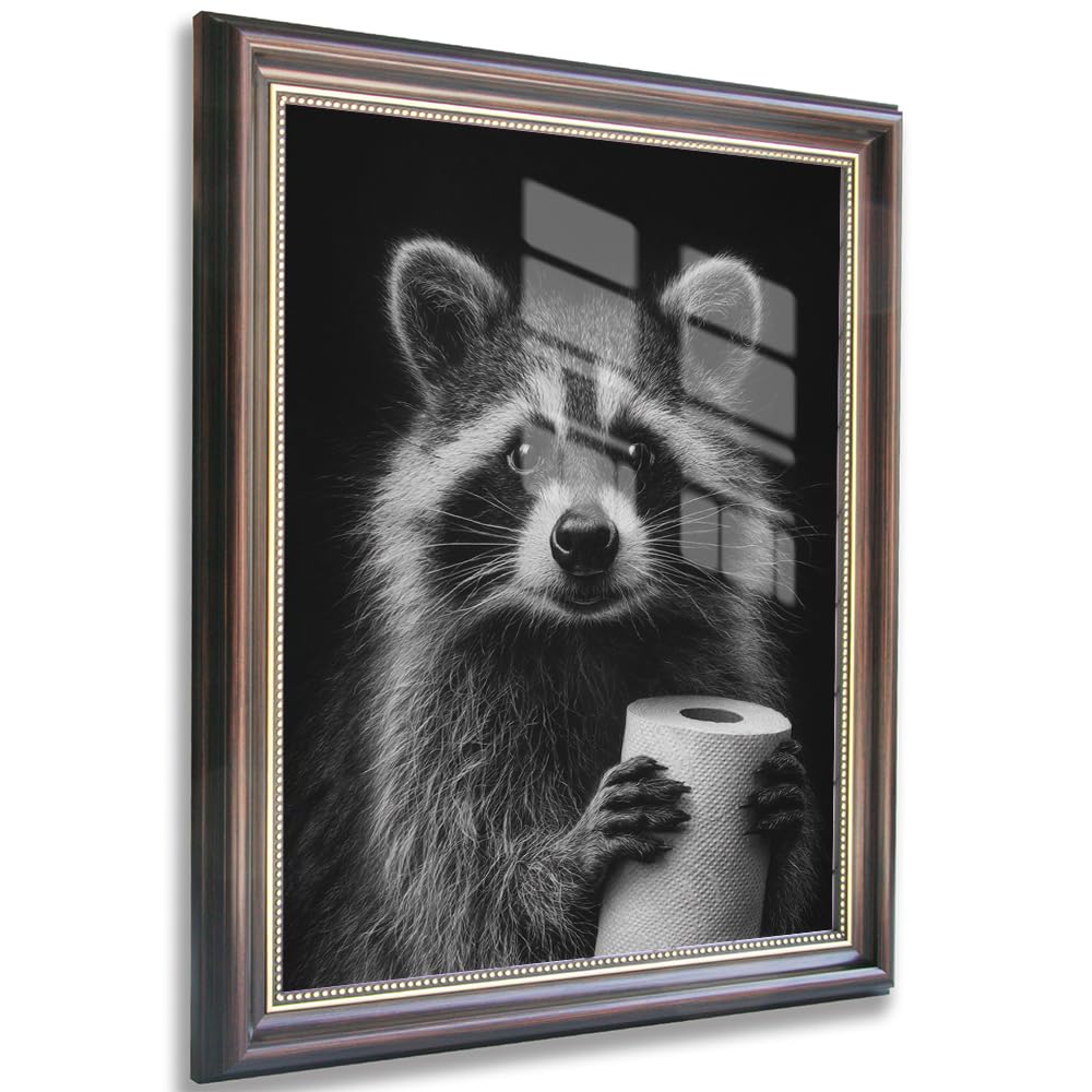 Funny Raccoon Bathroom Wall Art Black and White Toilet Paper Animal Print Rustic Farmhouse Washroom Decor for Kids and Guest Toilet 30x40cm Brown Frame