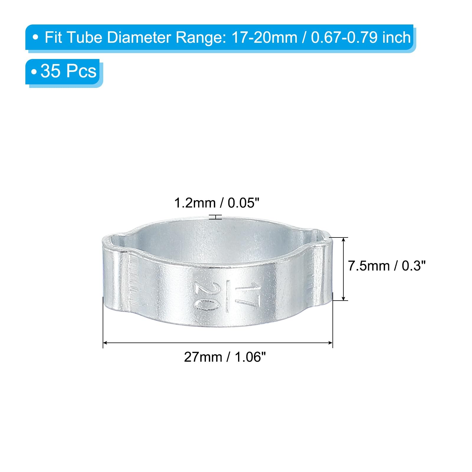 PATIKIL 35 Pack 17-20mm Double Ear Hose Clamp, Galvanized Steel O Clip Crimp Rings for Fuel Petrol Pipe Tube Fitting Connections, Silver Tone - Image 2