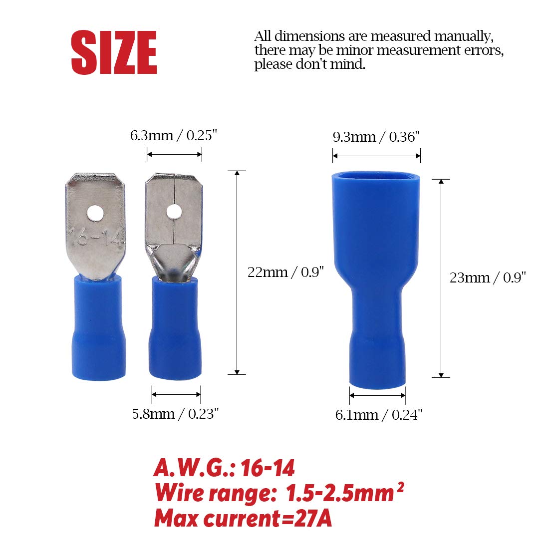 100pcs 1614 Gauge Fully Insulated Male Female Spade