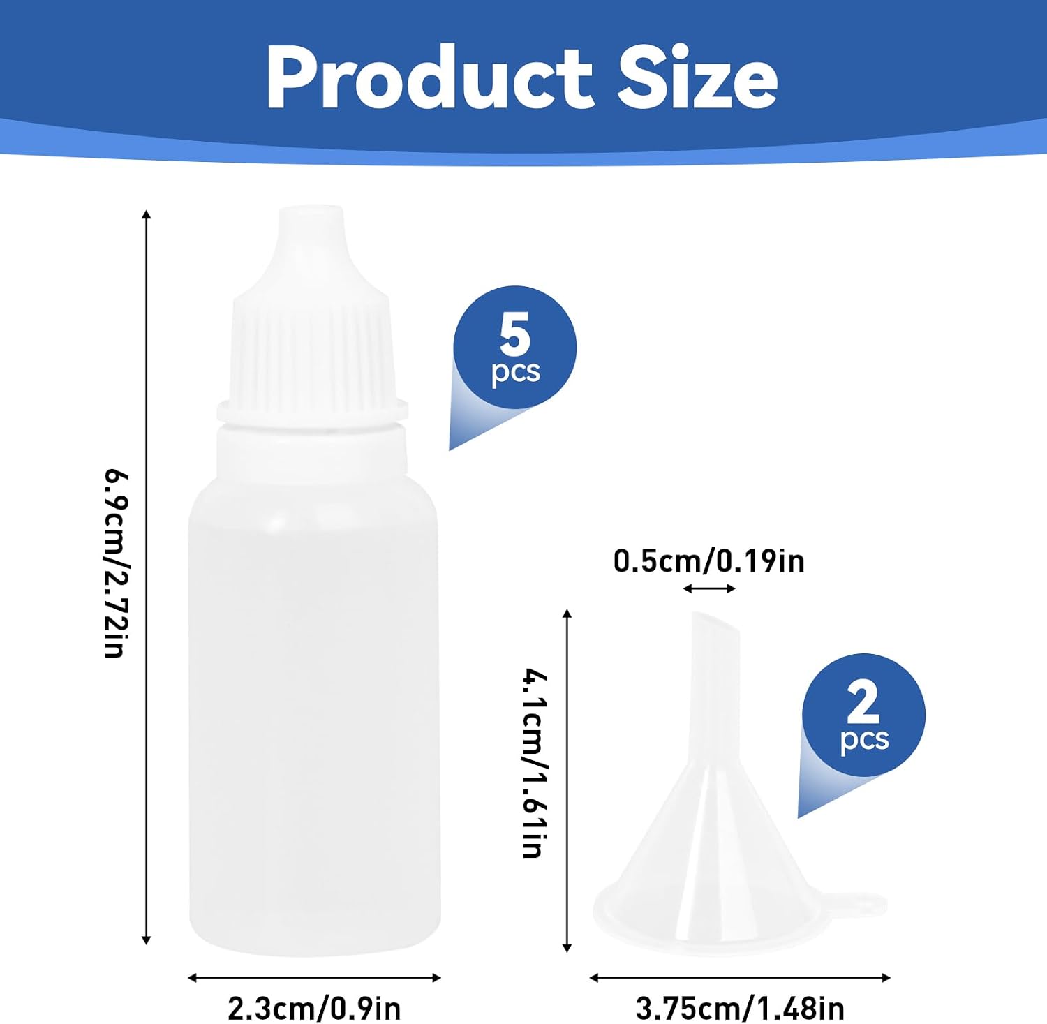 7 PCS 15ml/0.5oz Empty Dropper Bottles (5 Bottles + 2 Funnels), White Plastic Squeeze Bottles with Plug & Cap, Refillable Travel Containers for Eye Drops
