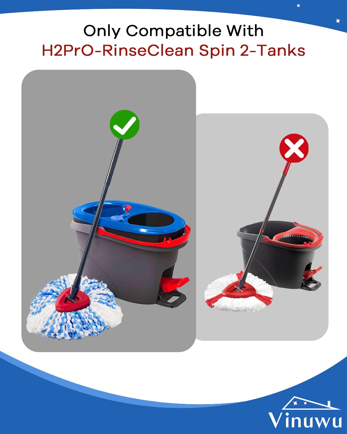 Vinuwu Lot de 5 têtes de balai de recharge compatible avec Vileda H2Pro Spin Mop en microfibre serpillière pour système RinseClean à 2 réservoirs, lavables et réutilisables