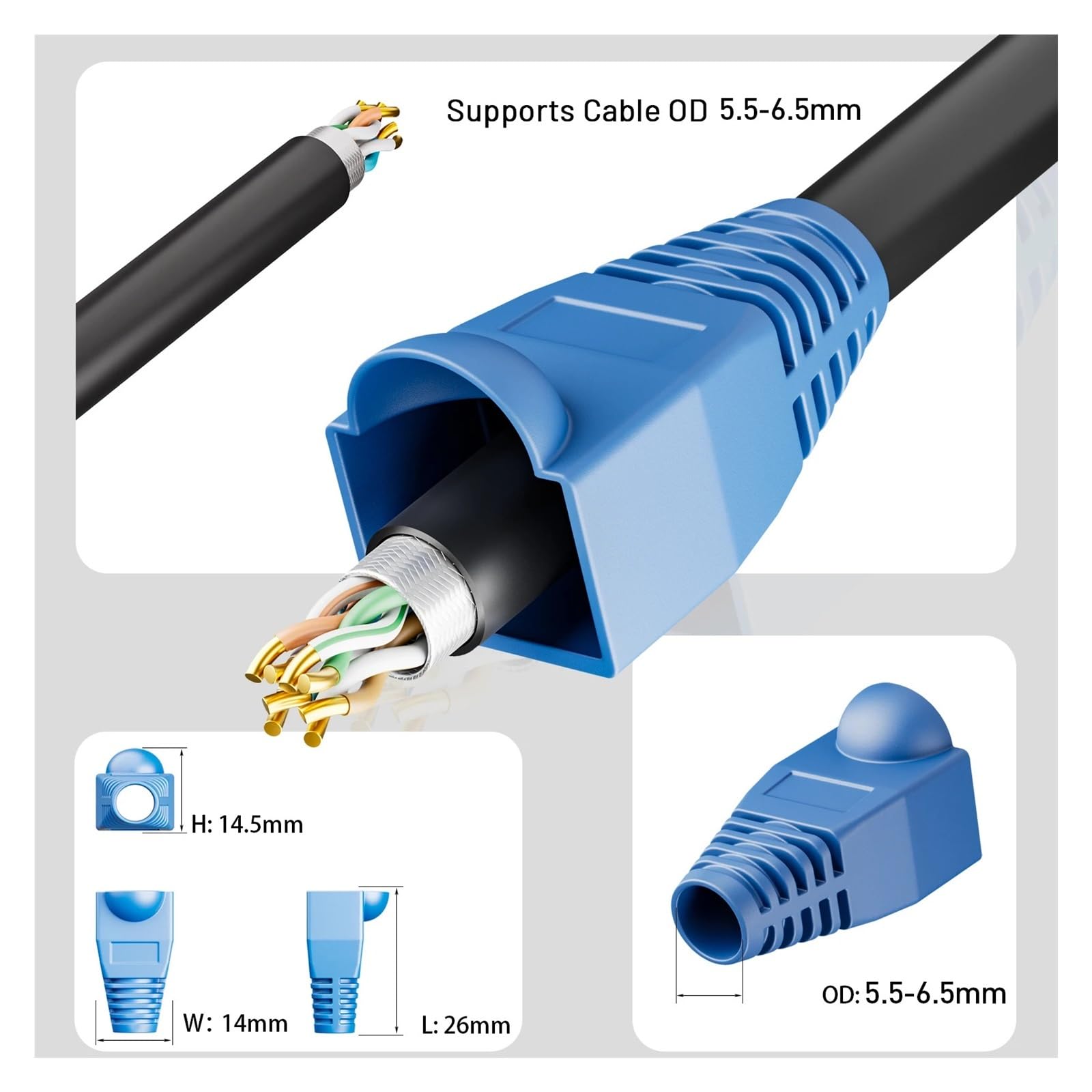 Manicotto for cavo Ethernet RJ45 CAT6 CAT6E CAT5 CAT5E, connettore for cavo (diametro esterno 6,0 mm)(100PCS,Blue)