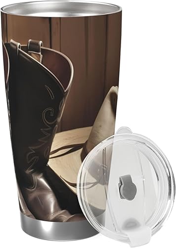 Vaso de 20 onzas con tapa con aislamiento al vacío, sombrero negro vaquero, botas occidentales, taza de café aislada de acero inoxidable para