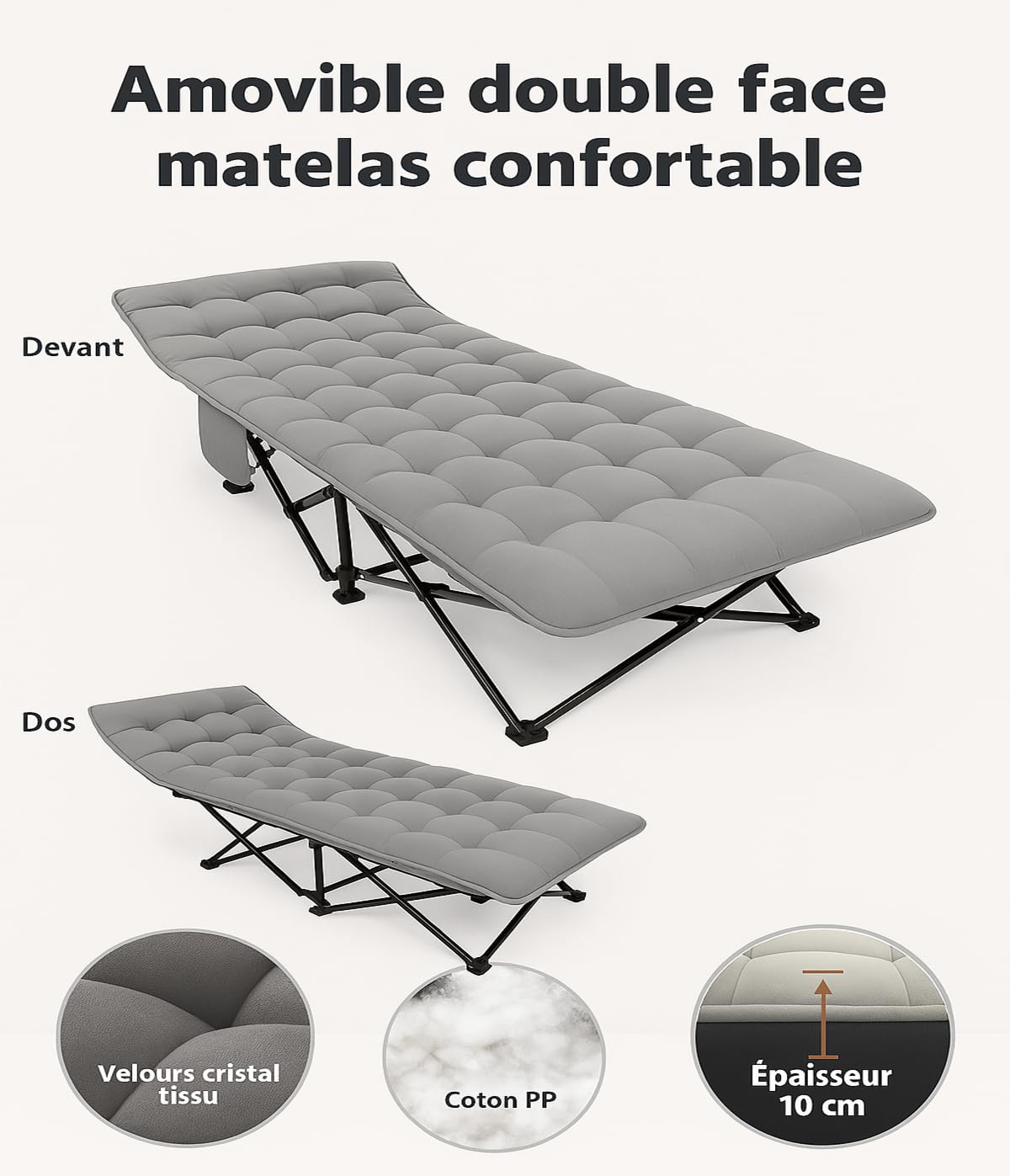 LPVS Lit de Camp Pliable 1 Personne - Pliant Robuste et Matelas avec 60% de Coton en Plus - Lit d’Appoint pour Camping, Bureau, Voyage - Charge 200 kg - Facile à Déplier