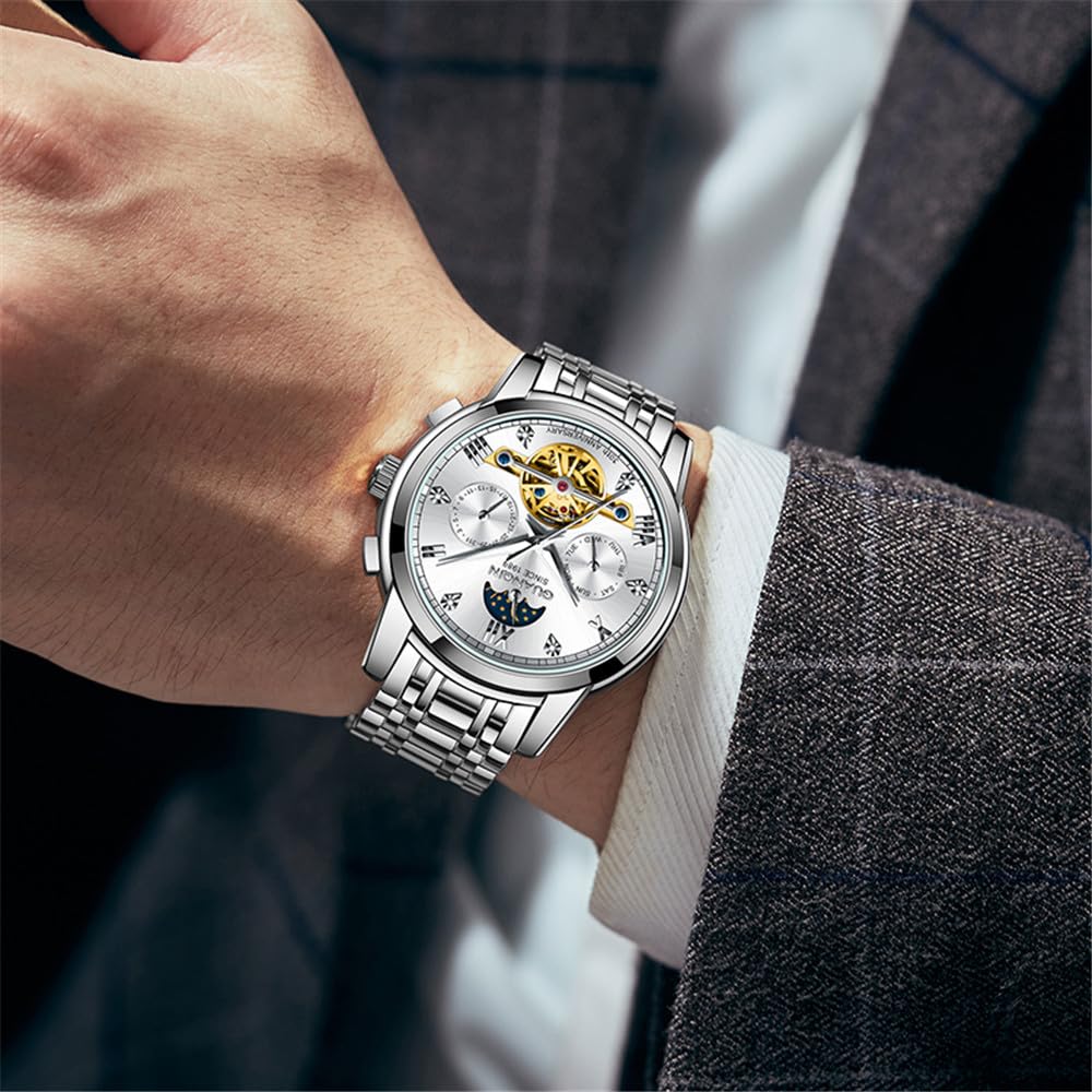 Guanqin Herren Damen Paar Skelett Multifunktional Automatisch Selbstaufzug Mechanische Strass Uhr Saphir Business Doppelseitig Hohl Wasserdicht Mondphase Stahl Armbanduhr