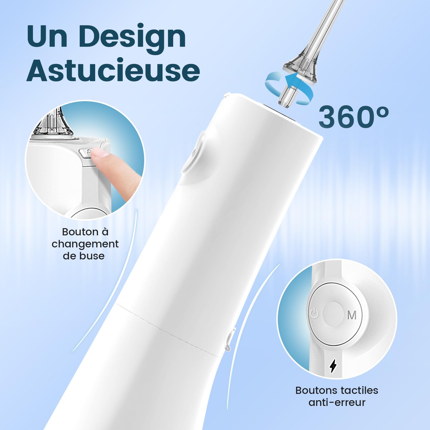 AUIEI Jet Dentaire Hydropulseur Portable Water Flosser, Irrigateur Oral 5 Modes et 8 Buses,Réservoir 300ML, USB Chargé, Étanche IPX7,Convient Gencive Sensible (Blanc)