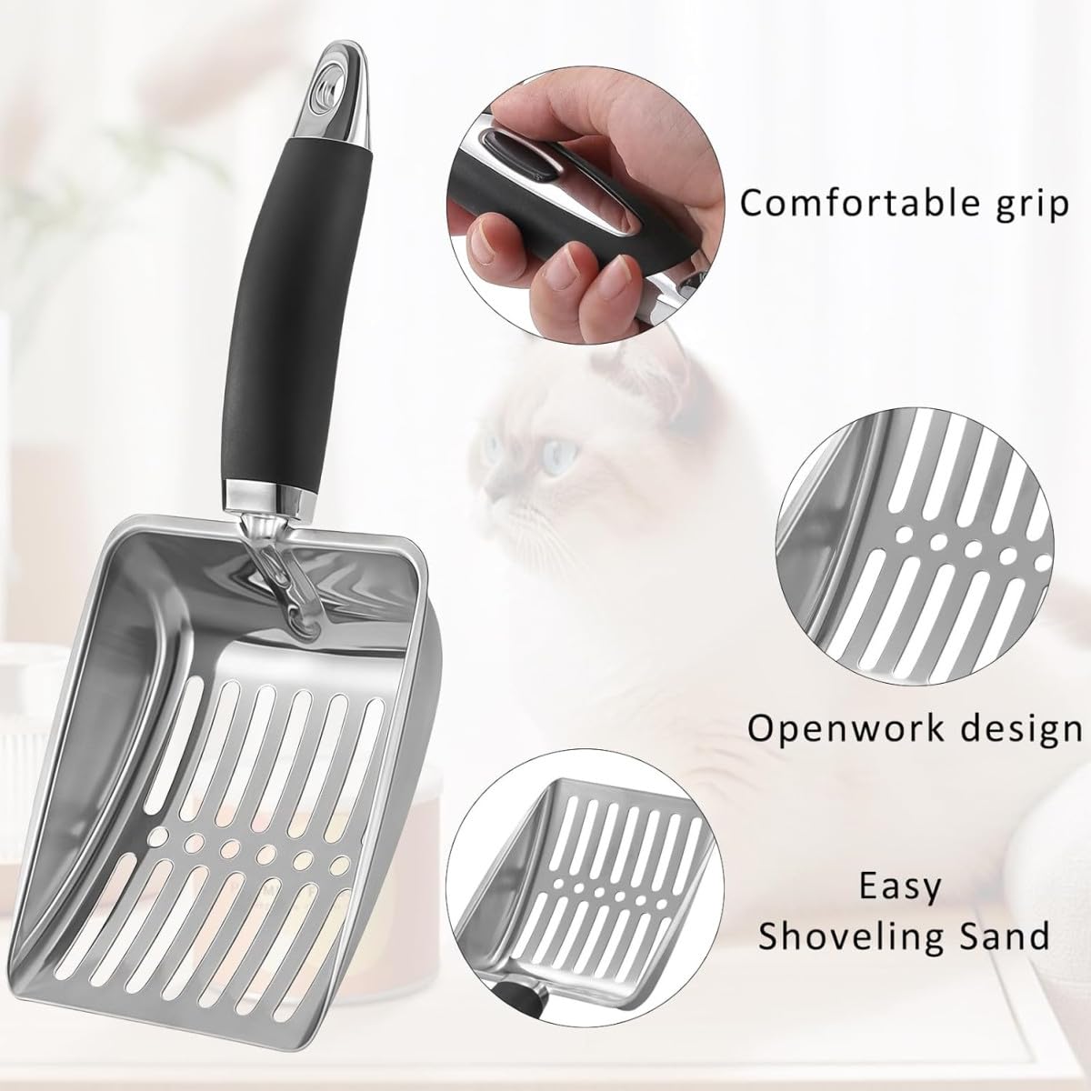 Łyżka do kuwety dla kota, wykonana z wytrzymałego metalu, łatwa do czyszczenia i praktyczna w użyciu, ergonomiczny design z wygodnym uchwytem, narzędzie do czyszczenia higienicznej żwirki