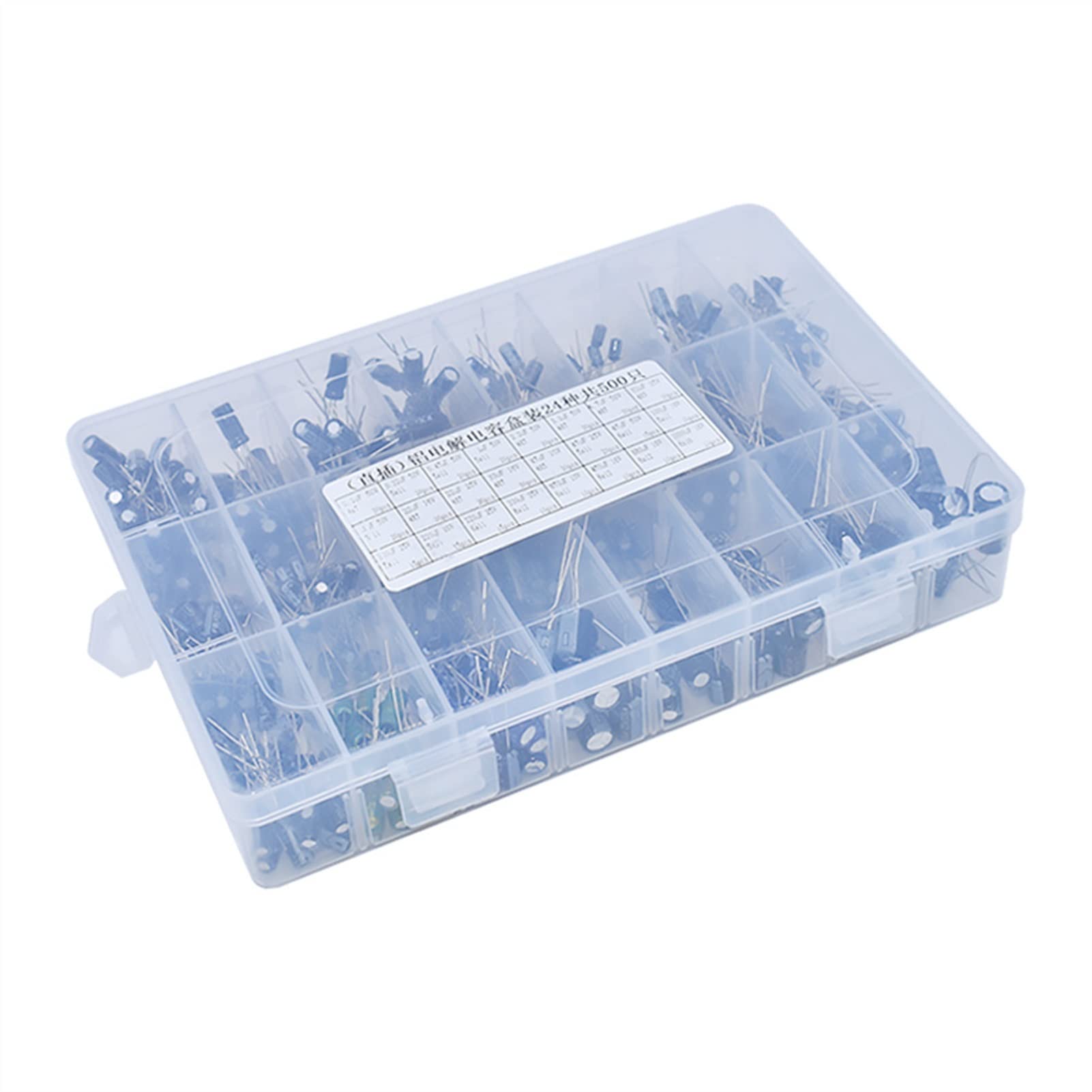 Accesorios electrónicos Condensadores 500 unids/lote 0,1 UF-1000UF 24 valores condensadores electrolíticos de aluminio 16-50V condensador electrolítico mixto kit surtido y caja de almacenamiento Dispo