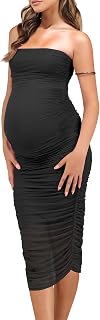 Dedysler Maternity Mesh Wedding Guest Dress for Baby Shower Sexy Bodycon Strapless Tube Pregnancy Clothes with Zipper