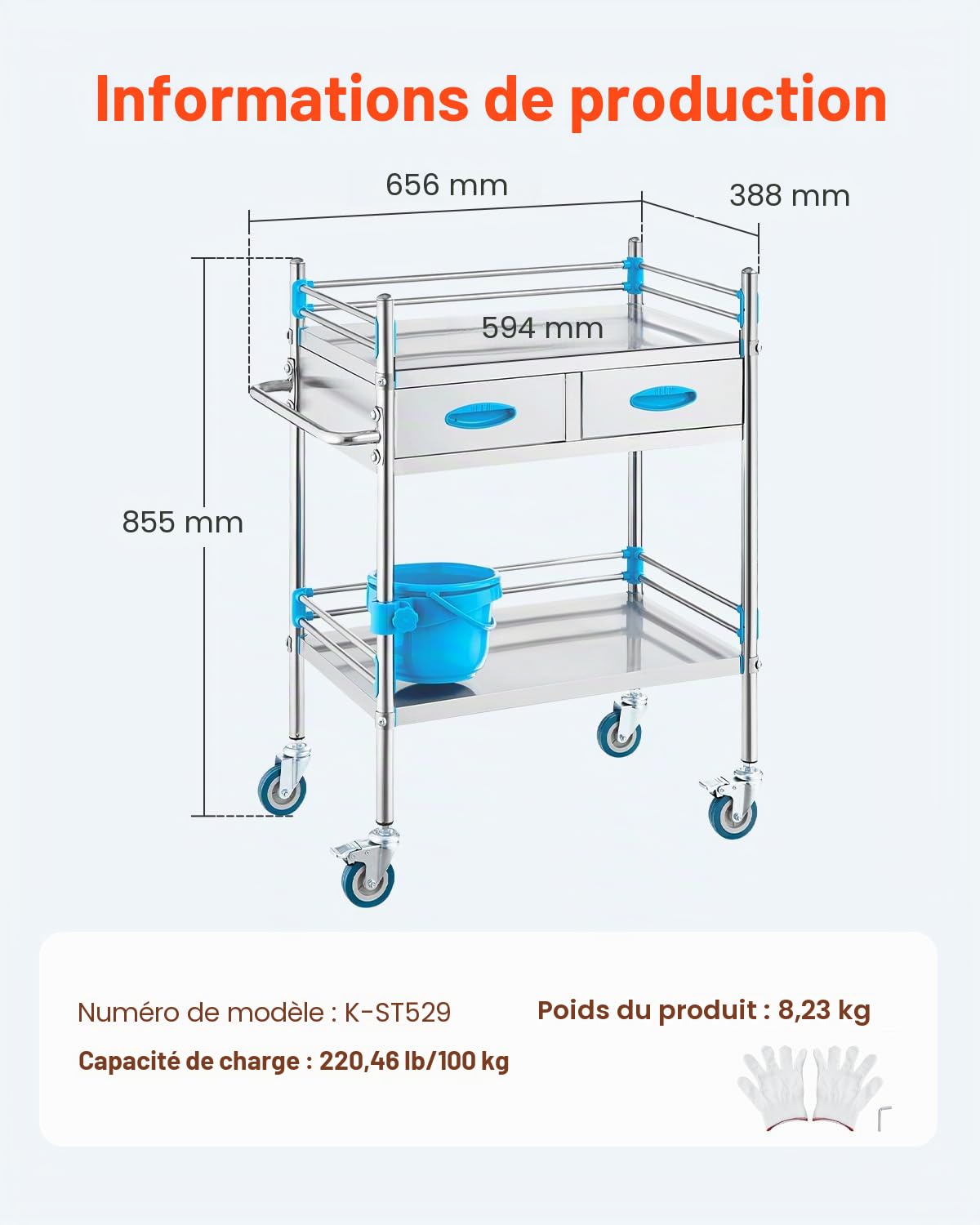 VEVOR Chariot de Laboratoire INOX, Service Table Roulante Desserte 2 Plateaux 2 étages 2 Tiroirs en Acier Inoxydable, Omnidirectionnel Dentaire Salon de Beauté Centre de Recherche Hôpitaux
