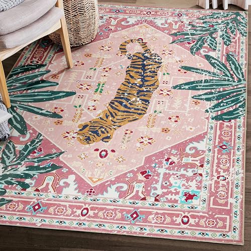 Aldopein Washable Hippie Rugs Boho Vintage Tropical Jungle 4x6 Area Rugs Accent Oriental Carpet for Bedroom Kitchen Dining Living Room Modern Indoor Entry Entrance Tribal Floor Rug