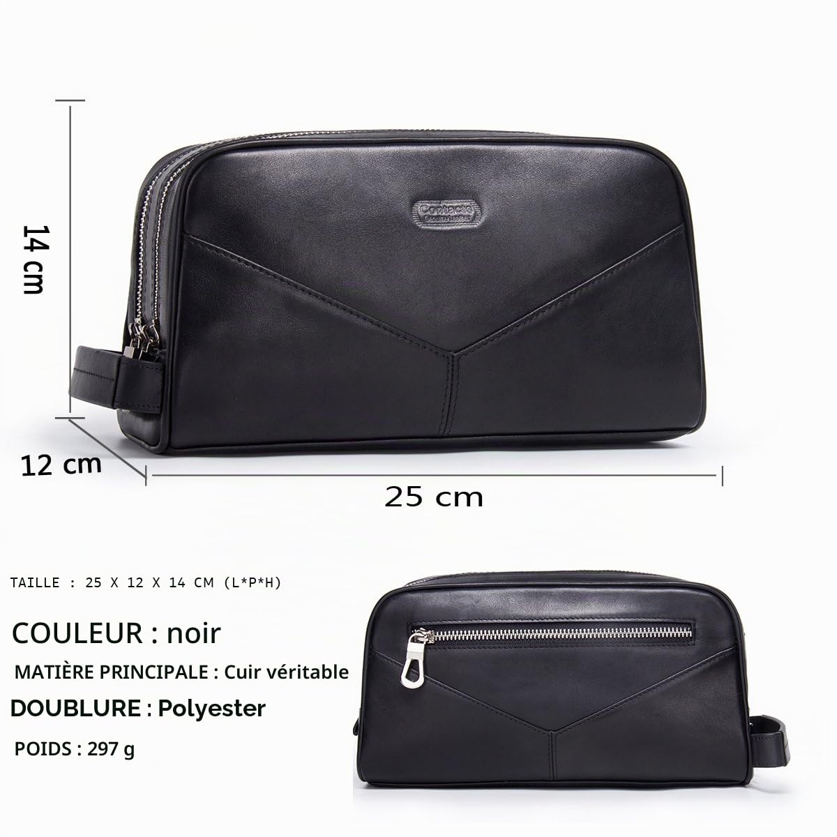 Contacts Homme Trousse de Toilette de Affaires Voyage en Cuir de Vache avec Grande Capacité Double Fermeture Éclair