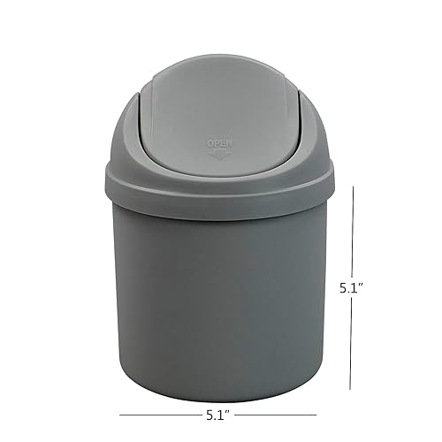 Miniatura 2 de Mini basurero de escritorio de plástico de 2 L, pequeño bote de basura con tapa giratoria, color gris