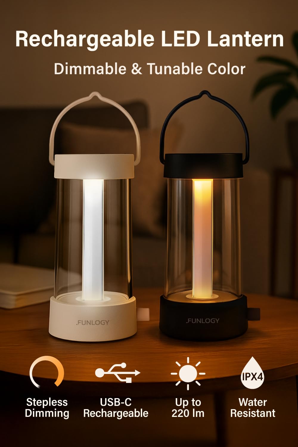 FUNLOGY Linterna LED recargable para camping, luz vintage regulable de 360°, banco de energía de 4000 mAh, alto CRI 95, resistente al agua IPX4, portátil para el hogar, emergencia, al aire libre