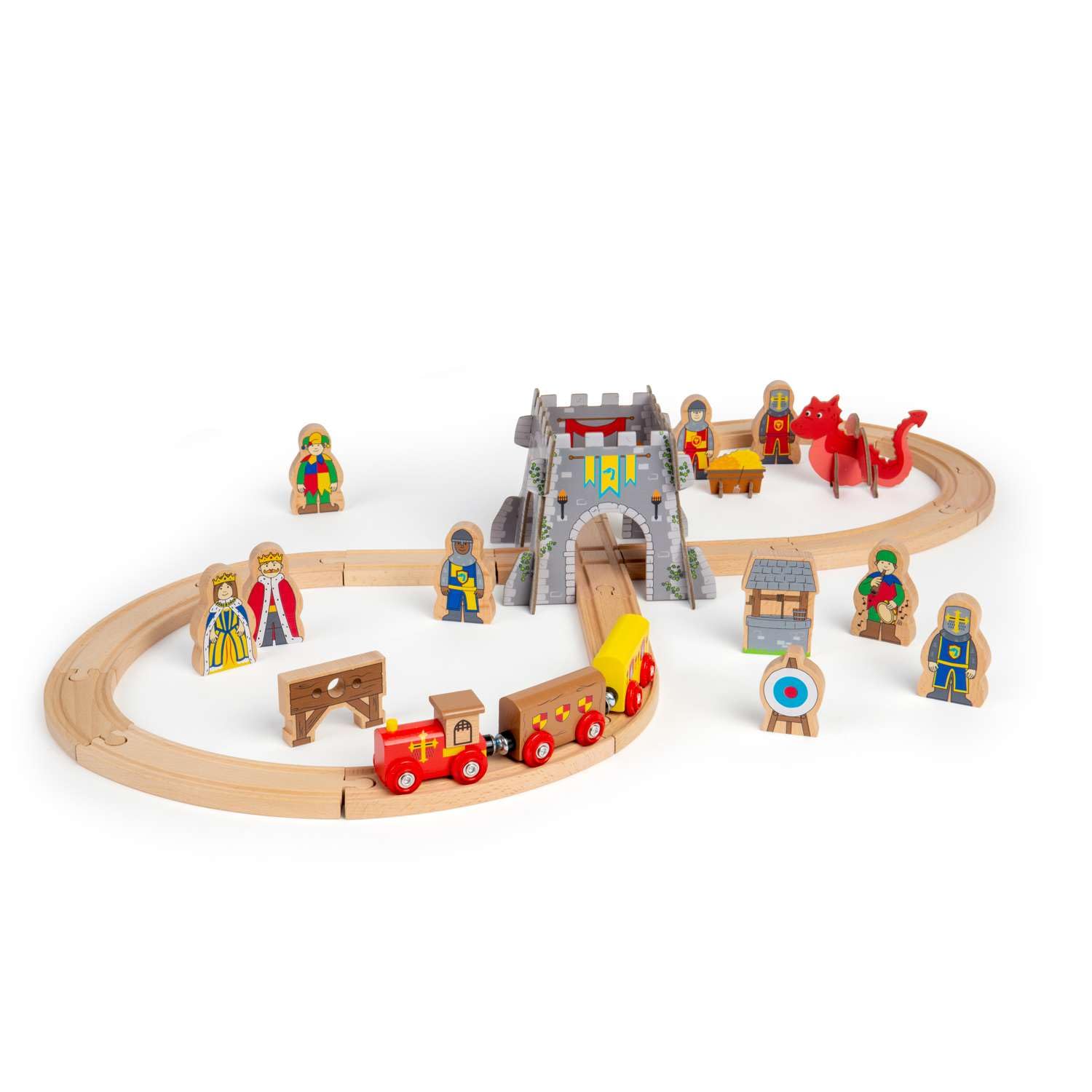 Bigjigs Rail Juego de tren medieval | Juego de ferrocarril de madera de 33 piezas | Juguetes temáticos para niños | Juguete de juego de rol para niños pequeños | Regalos únicos para niños pequeños y