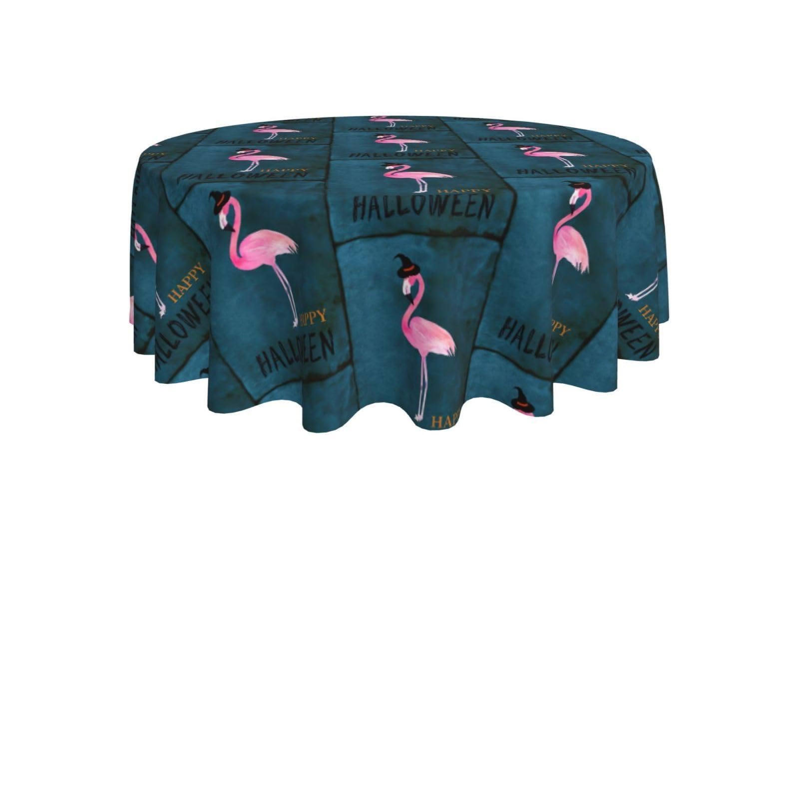 ENGhjes Halloween Flamingo Witch Hat Print Round Tablecloth 60in Washable Stainproof Polyester Cloth for Kitchen Idea