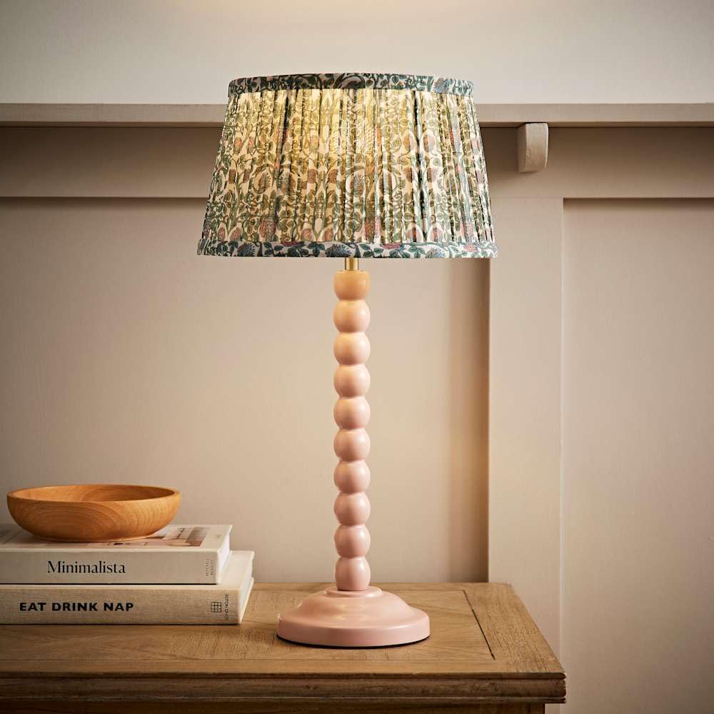 ValueLights Bobbin LED Table Lamp - Pastel Pink - Floral Pleated Shade - 1.5m Cable