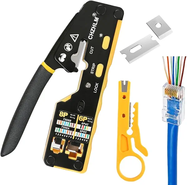 Pass Through Crimper RJ45 Crimp Tool Kit RJ45 Crimping tool Stripper Cutter Crimper All-in-One for 8P RJ45 Cat5 Cat5e Cat6 Cat6a 6P RJ11/12 Telephone Connectors With Mini Yellow Stripper and Blades