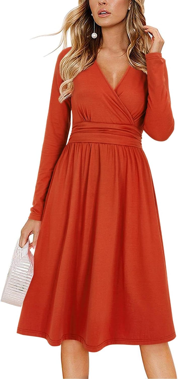 OUGES Women's Fall Long Sleeve Dress Casual Wrap V Neck Flowy Midi Wedding Guest Dresses with Pockets 2025