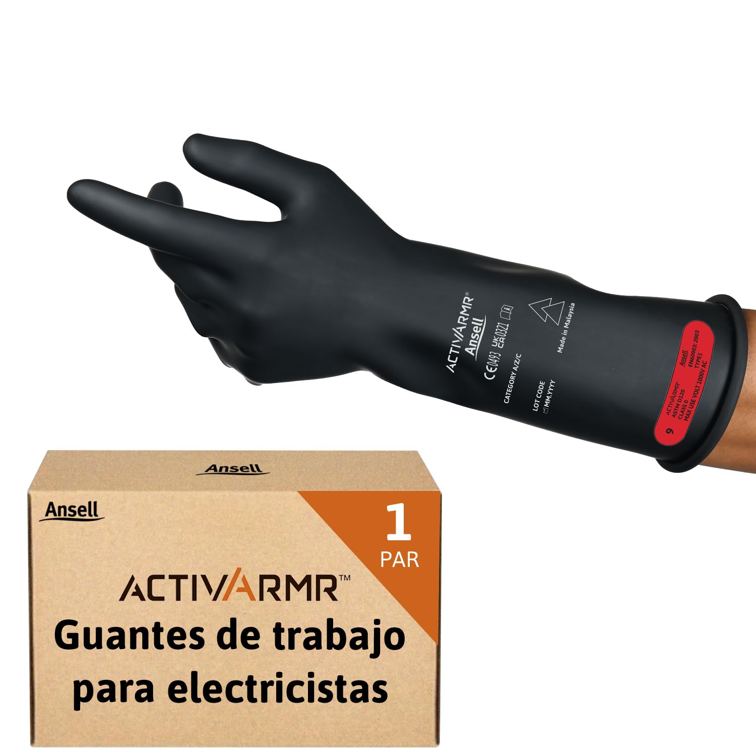 Ansell ActivArmr Guantes Aislantes Dieléctricos, Protección Eléctrica Class 0, Tensión 1000V, Trabajos con Electricidad, Látex de Caucho Natural, 36 cm, Negro, Talla L, 1 Par