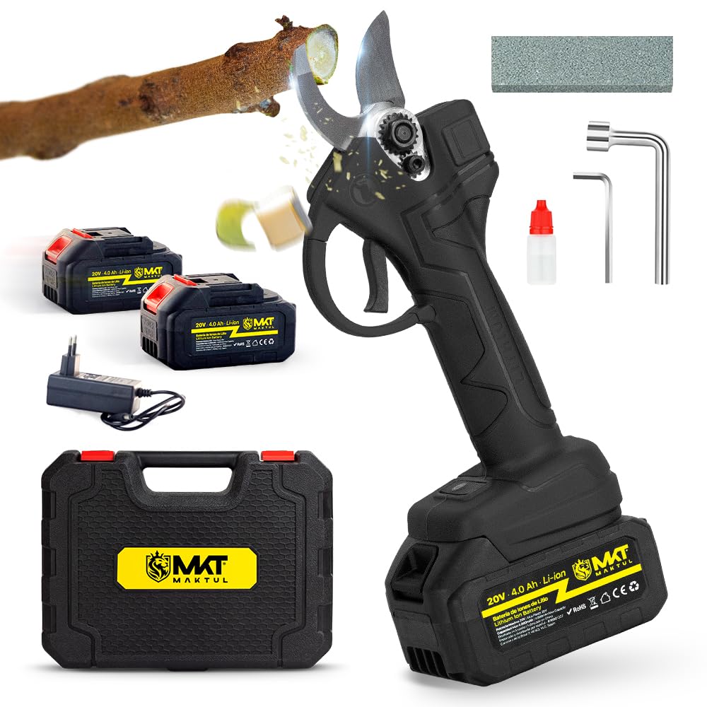 MAKTUL Tijeras de Podar Eléctricas Batería 8000mAh (2 Baterías 4000mAh 20V 500W) Alta Potencia y Seguridad, Tijera Eléctrica Podadora Ramas Tallos Plantas Árboles Jardín Poda con Maletín y Accesorios
