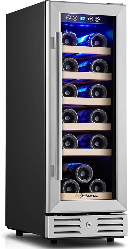 Mini Fridge 18 Bottle - 12 Inch Wine Cooler Refrigerator | Built-in or Freestanding Wine Fridge with Stainless Steel & Double-Layer Tempered Glass Door, Temperature Memory Function