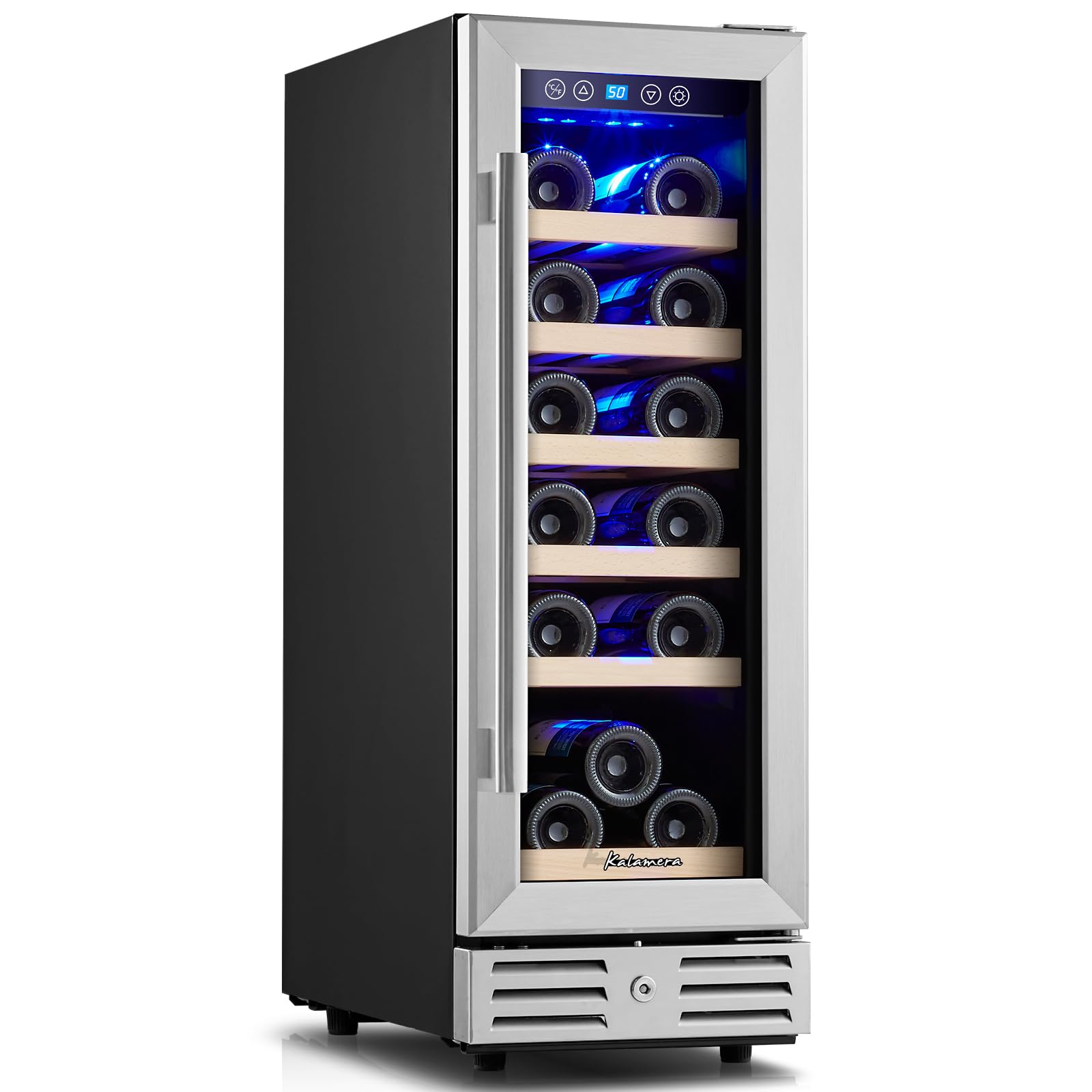 Kalamera Mini Fridge 18 Bottle - 12 inch Wine Cooler Refrigerator, Built-in or Freestanding, with Stainless Steel & Double-Layer Tempered Glass Door, and Temperature Memory Function Wine Fridge
