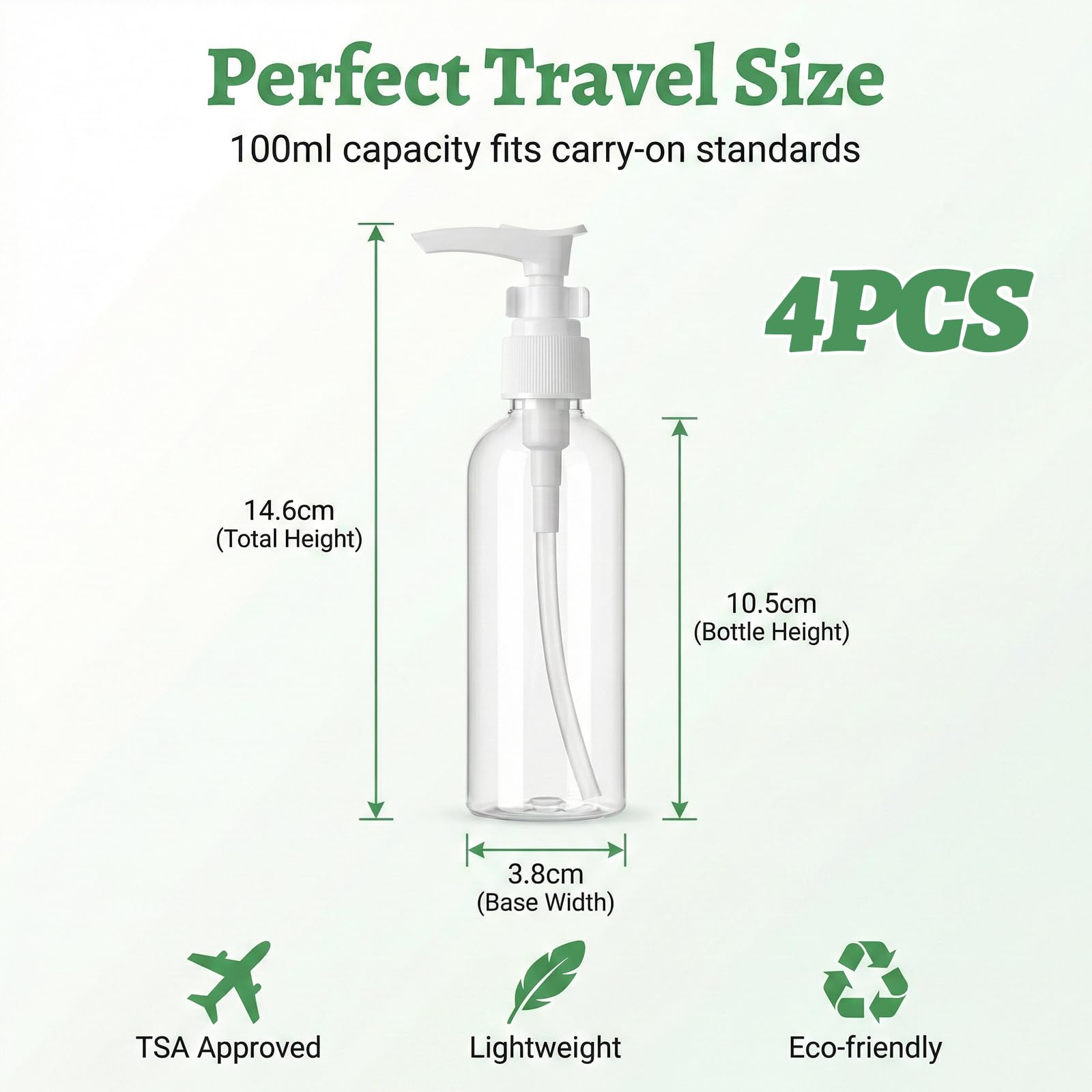 4 Pezzi Flaconi da Viaggio, 100 ml Bottiglie da Viaggio Trasparenti, Pompa da Viaggio in Plastica Dispenser, Boccette Contenitori Ricaricabile, per Lozione Emulsione Olio Pulizia Shampoo Gel Doccia