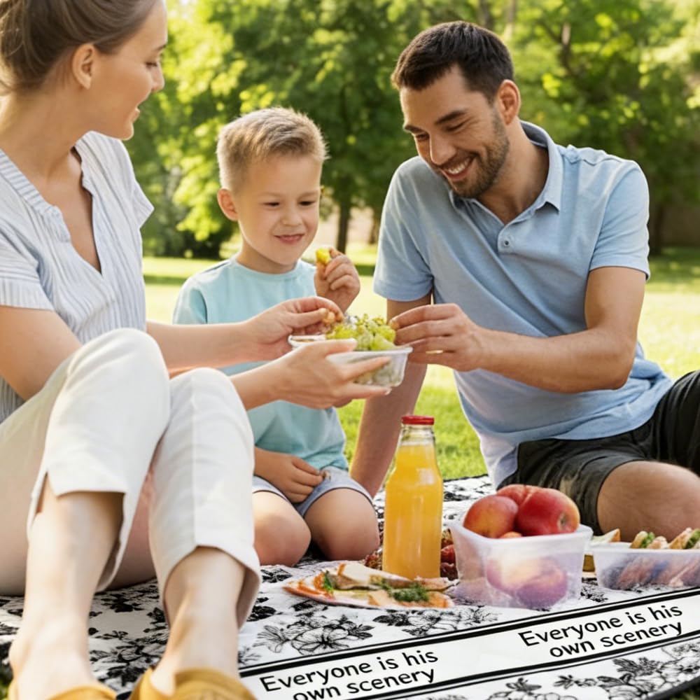 Couverture de pique-nique pliable avec poignée de transport, motif floral noir et blanc, imperméable, couverture d'extérieur isolée et rembourrée pour plage, parc et pique-nique en famille