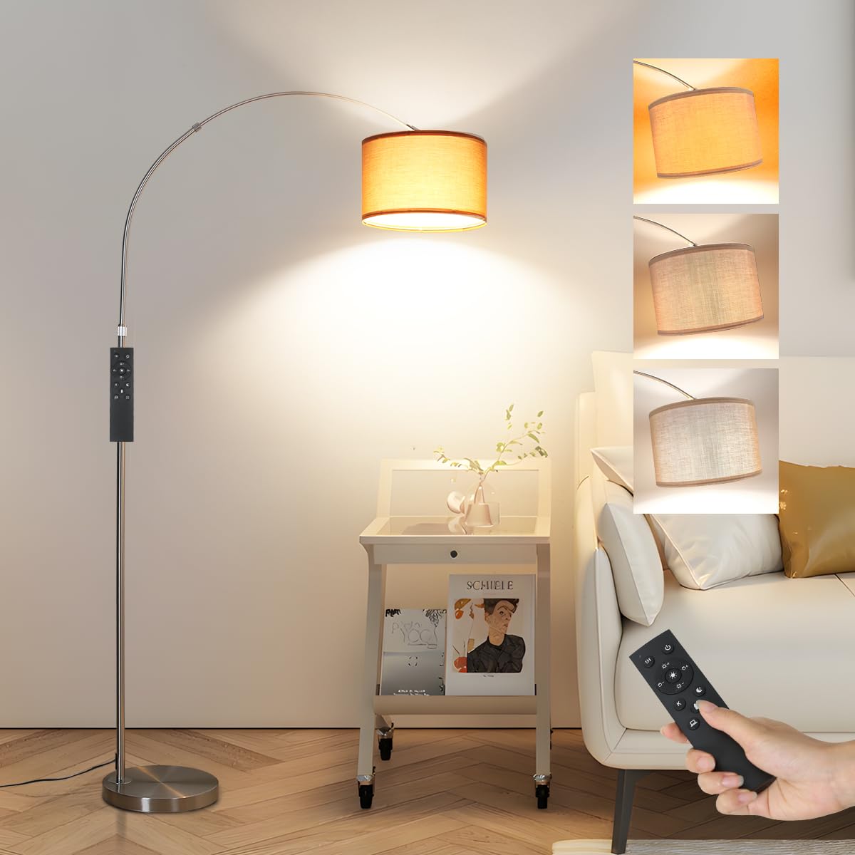 ANTENLICHT AURA Bogenlampe Stehlampe mit Fernbedienung Inklusive LED E27 | Wohnzimmer Stehlampe Dimmbar Nickel I Stoffschirm Braun I Fußschalter I Bogenleuchte Vintage für Schlafzimmer, Hotel
