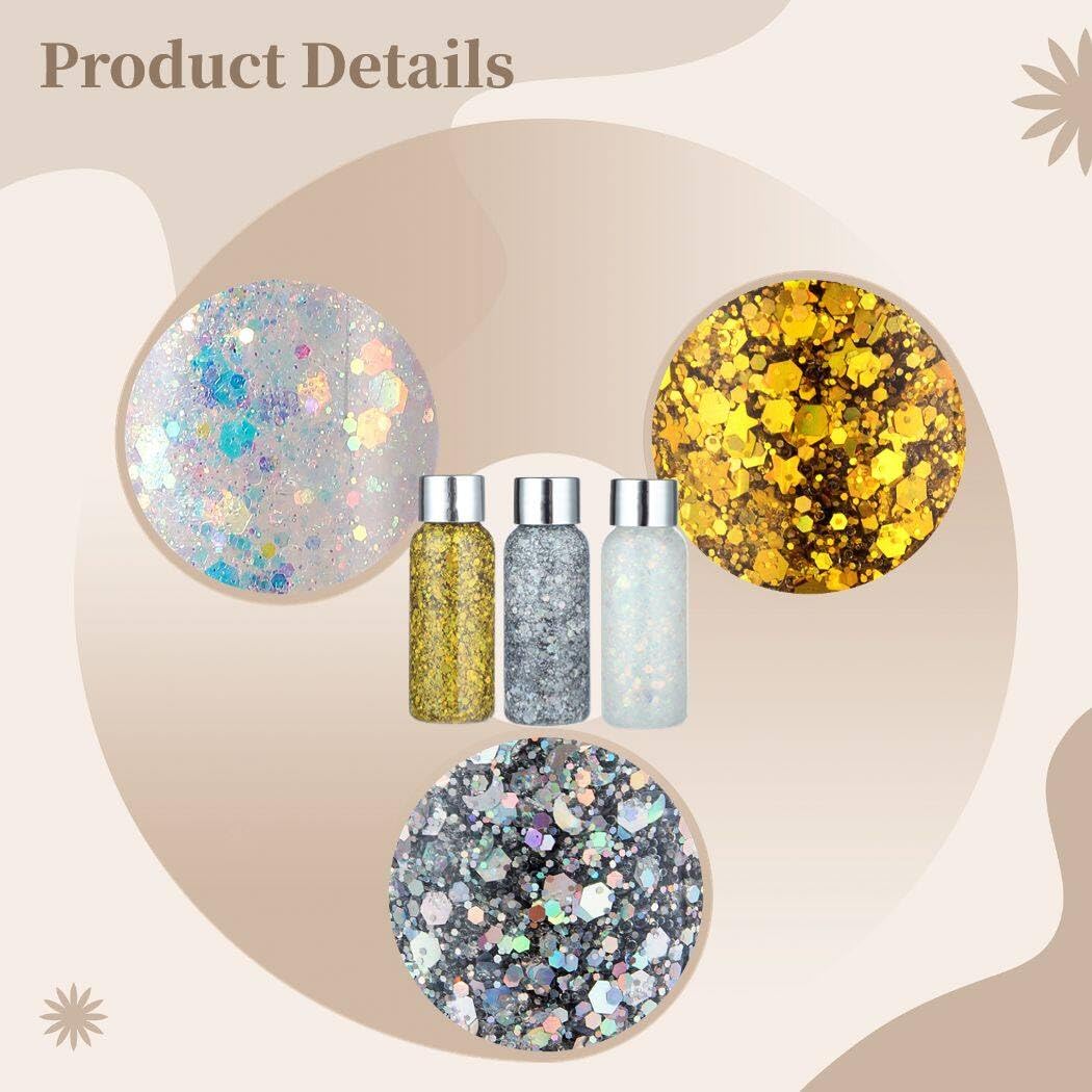 BOSREROY 3 Pack Holographic Glitter Body Gel - Liquid Sequin Sparkle for Festive Occasions