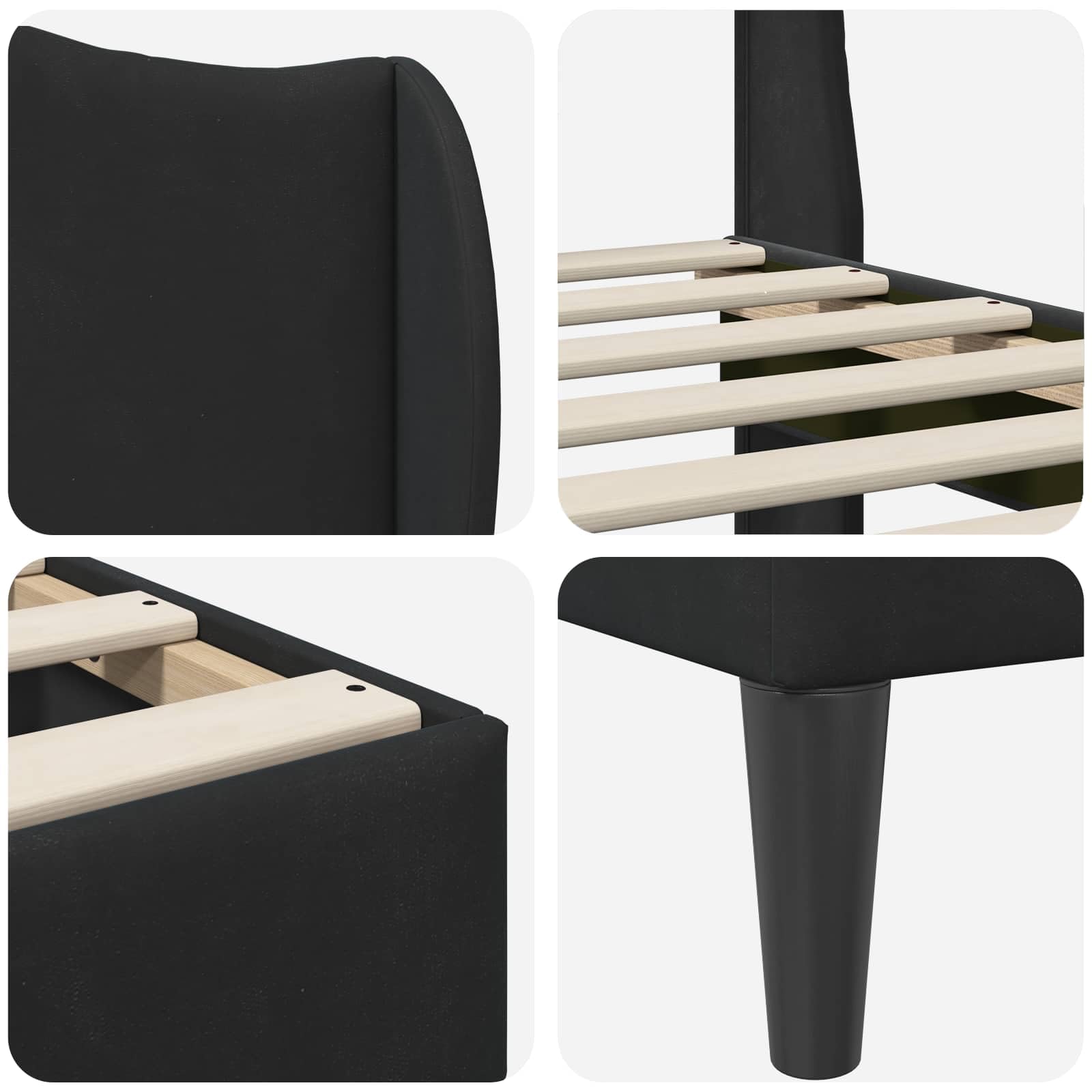 Rama de cama con cabecero de terciopelo negro 90x200 cm estructura moderna con listones robustos para dormitorio y habitacion de huespedes