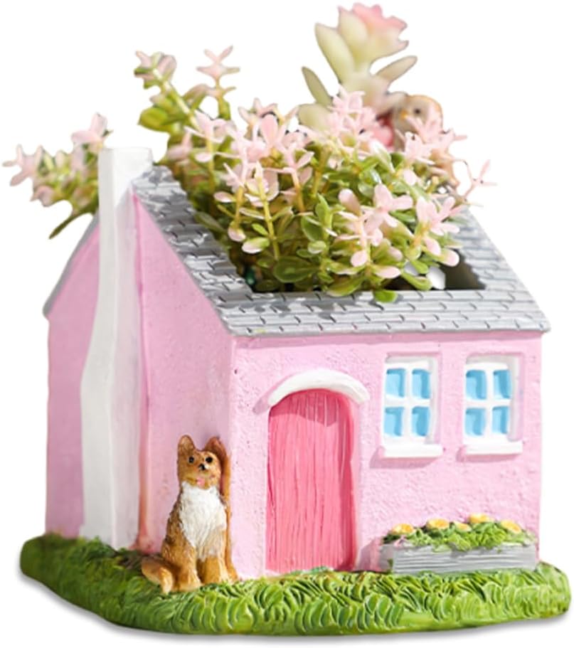 – Creative Garden House Flower Pot, Cute Red Cabin Succulent Planter with Drainage Hole & Rubber Plug, Resin Dog Decorative Pot for Desk, Living Room, Outdoor Fairy Garden Decor