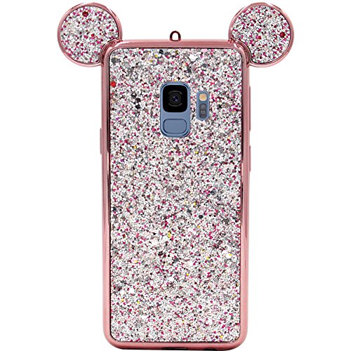 Galaxy S9 Case, MC Fashion Cute Bling Bling Sparkle Glitter 3D Mickey Mouse Ears Flexible and Protective TPU Case for Samsung Galaxy S9 (2018 Release) (Rose Gold)
