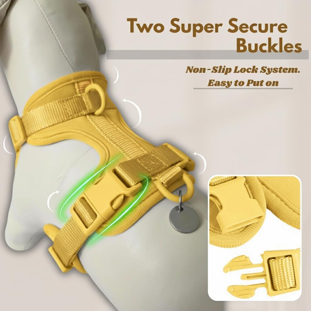 No Pull Dog Harness with 3 Leash Clips, Adjustable Vest, Easy Overhead Fit, No Choke Pet Vest, Soft Padding Chest Panel Gentle Leader for Dog Harness for Medium Dogs Yellow