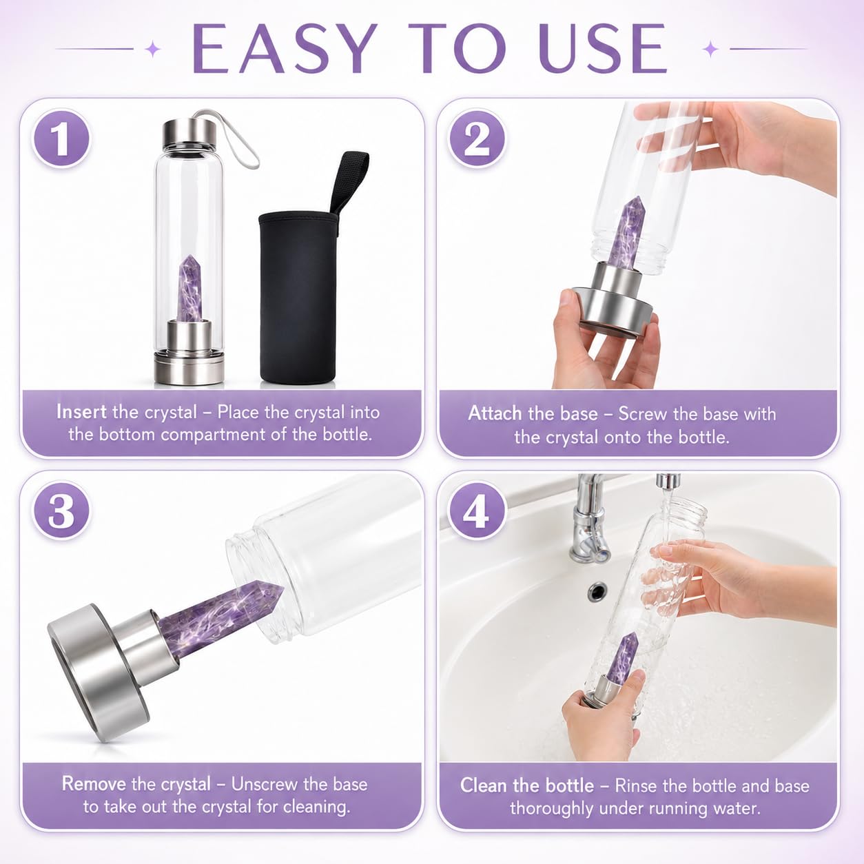 ChezMax Botella de agua de cristal con cristal natural extraíble