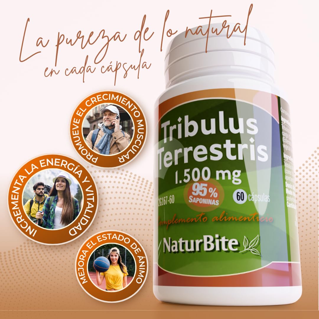 Tribulus Terrestris 1500mg en cada Cápsula 95% Saponinas 250 Cápsulas, NaturBite. Salud Masculina y Cardiovascular. Optimiza las funciones masculinas y la energía, ayudando a la recuperación muscular