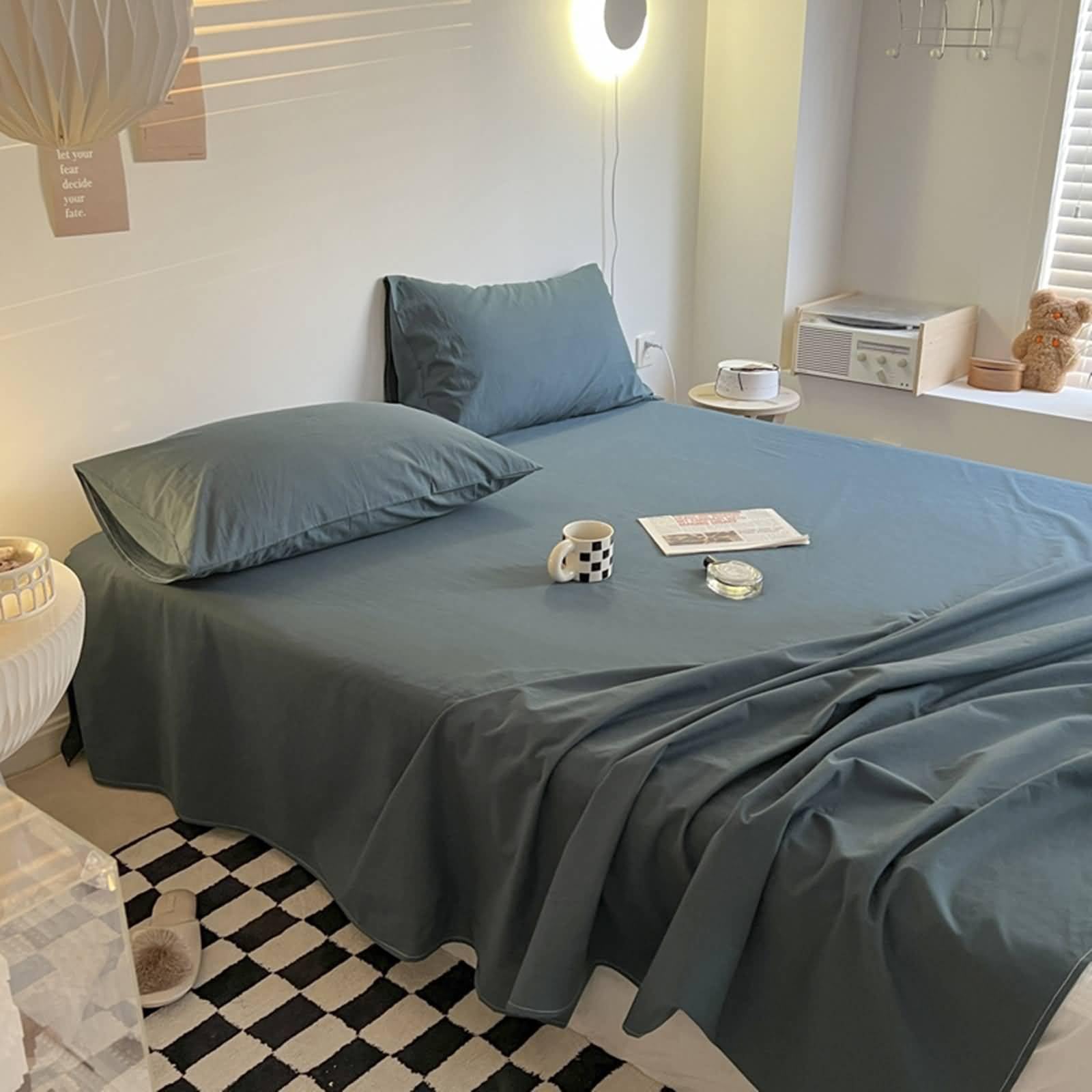 Set de 3 Piezas Sábanas Encimeras Algodón, Color Sólido, 160 x 230 CM + 2 Fundas de Almohada, Sabana Encimera Gris Azul