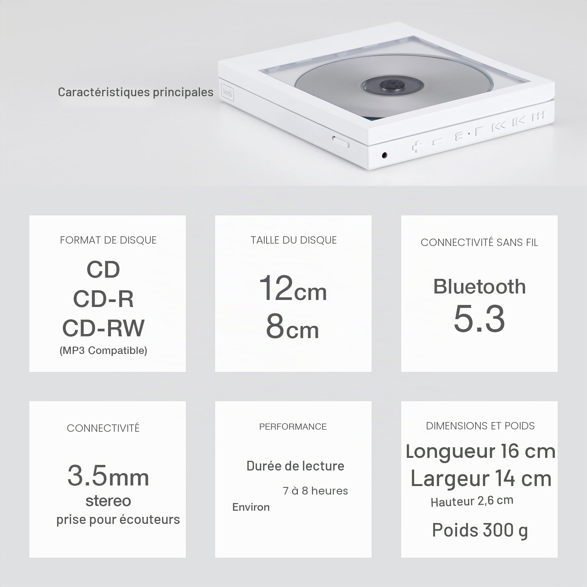 Lecteur CD Bluetooth Instant Disk Audio-CP1 (Blanc)