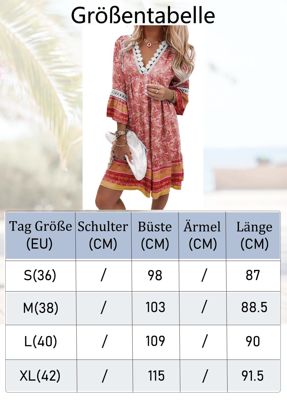YUTILA Robe de plage bohème pour femme - Col en V - Manches 3/4 - Motif floral - Mini robe tunique vintage - Style ethnique - Robe d'été - 100 % viscose