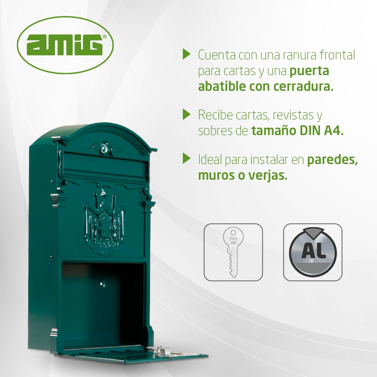 Amig - Buzón Exterior de Pared - Diseño Vintage - Tamaño Compacto para DIN A4 - Apertura Frontal con Cerradura - Aluminio - Verde - Fácil de Instalar en Puertas o Verjas - 40 x 24 x 8 cm